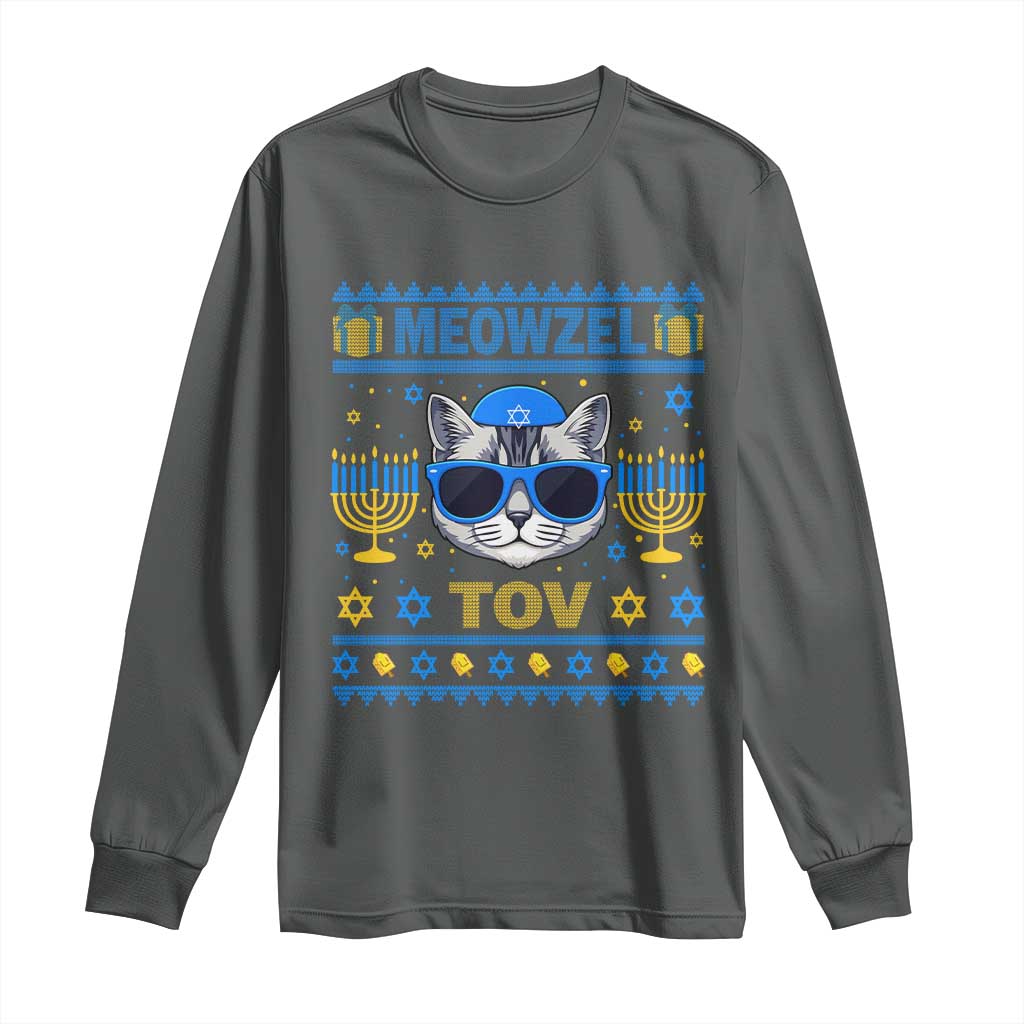 Cat Hanukkah Long Sleeve Shirt Meowzel Tov Jewish Cat Owner Ugly Chanukah - Wonder Print Shop