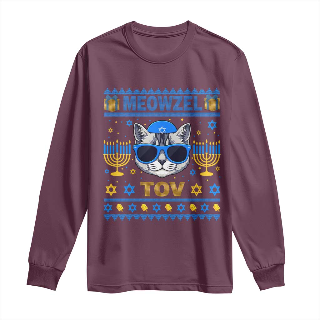 Cat Hanukkah Long Sleeve Shirt Meowzel Tov Jewish Cat Owner Ugly Chanukah - Wonder Print Shop