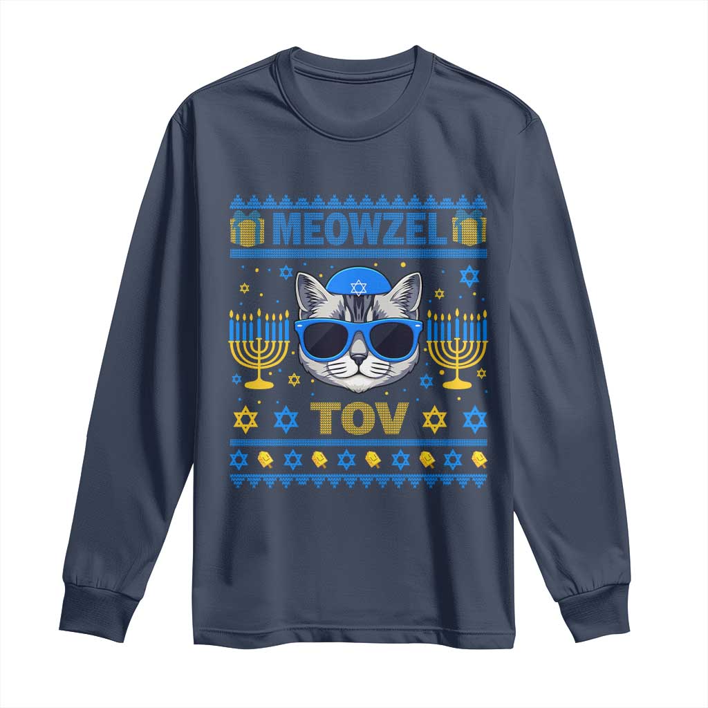 Cat Hanukkah Long Sleeve Shirt Meowzel Tov Jewish Cat Owner Ugly Chanukah - Wonder Print Shop