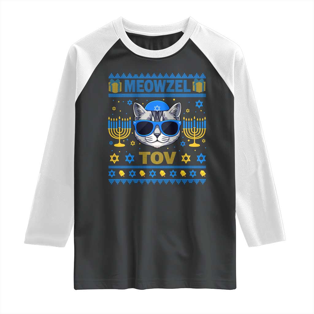 Cat Hanukkah Raglan Shirt Meowzel Tov Jewish Cat Owner Ugly Chanukah - Wonder Print Shop