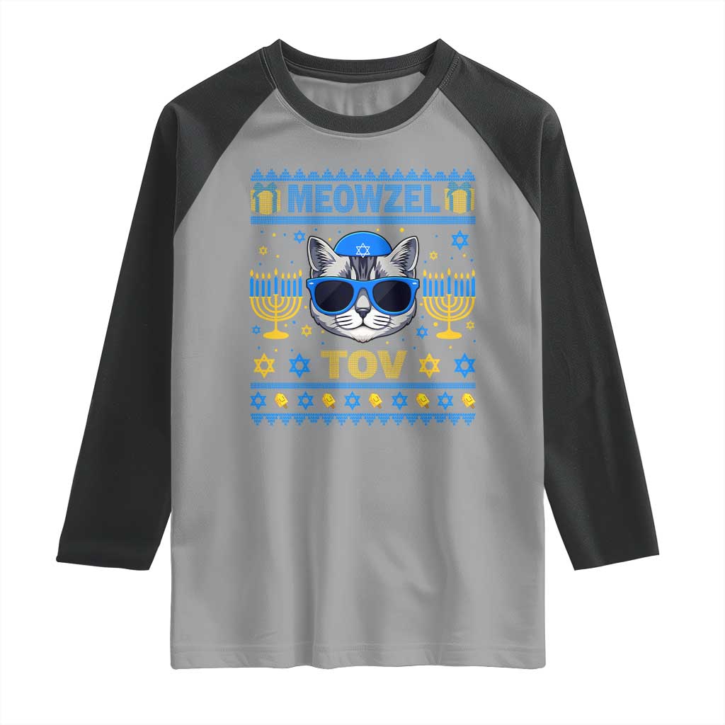Cat Hanukkah Raglan Shirt Meowzel Tov Jewish Cat Owner Ugly Chanukah - Wonder Print Shop