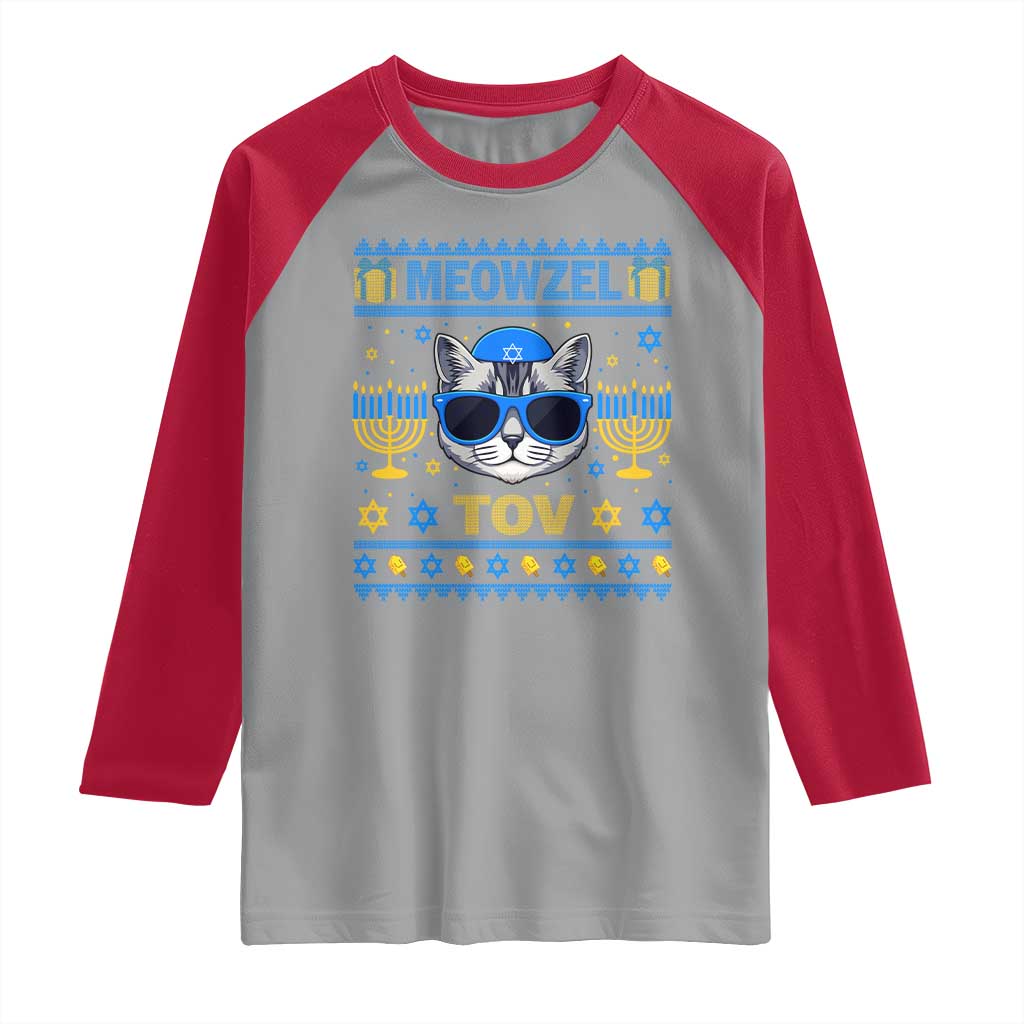 Cat Hanukkah Raglan Shirt Meowzel Tov Jewish Cat Owner Ugly Chanukah - Wonder Print Shop