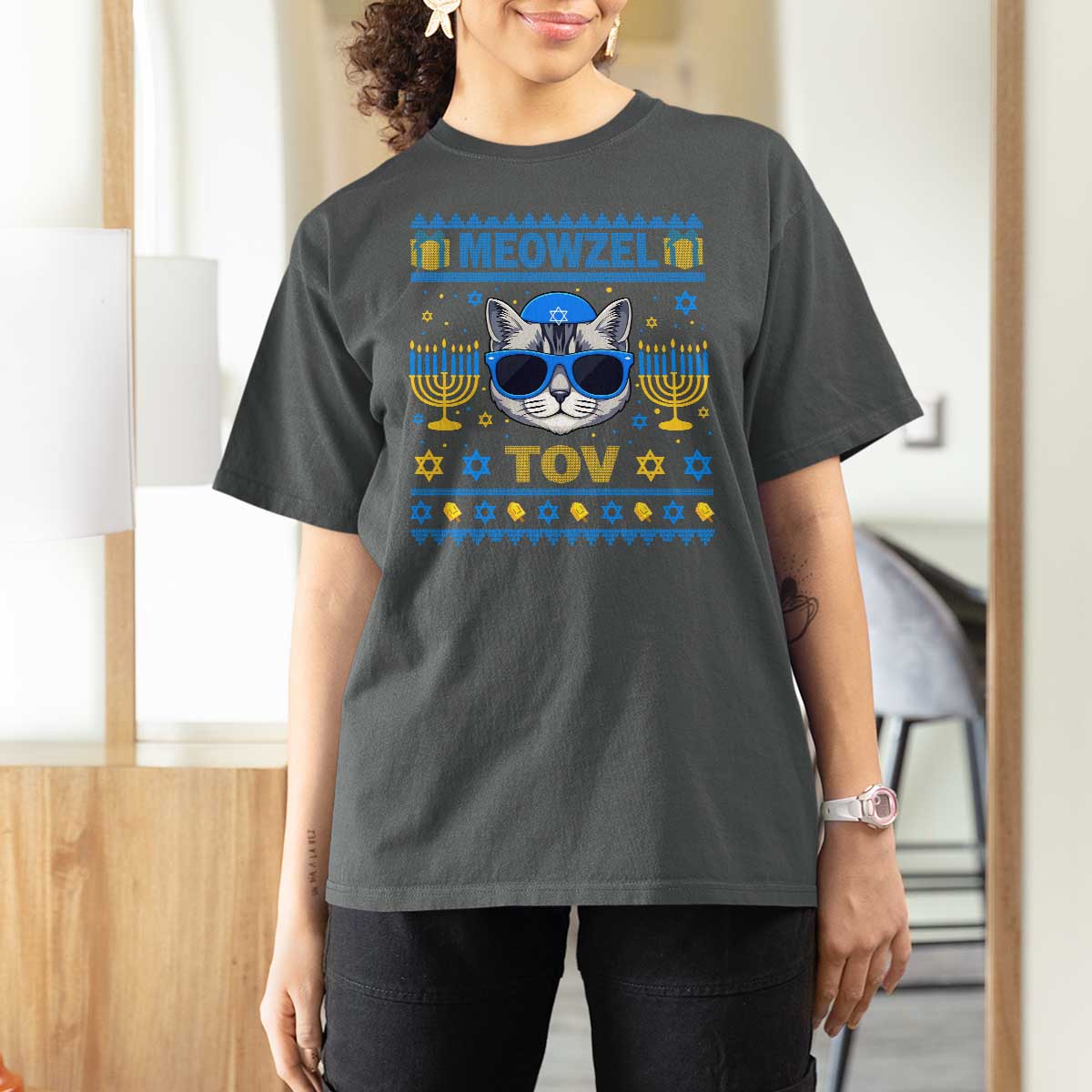Cat Hanukkah T Shirt For Women Meowzel Tov Jewish Cat Owner Ugly Chanukah - Wonder Print Shop