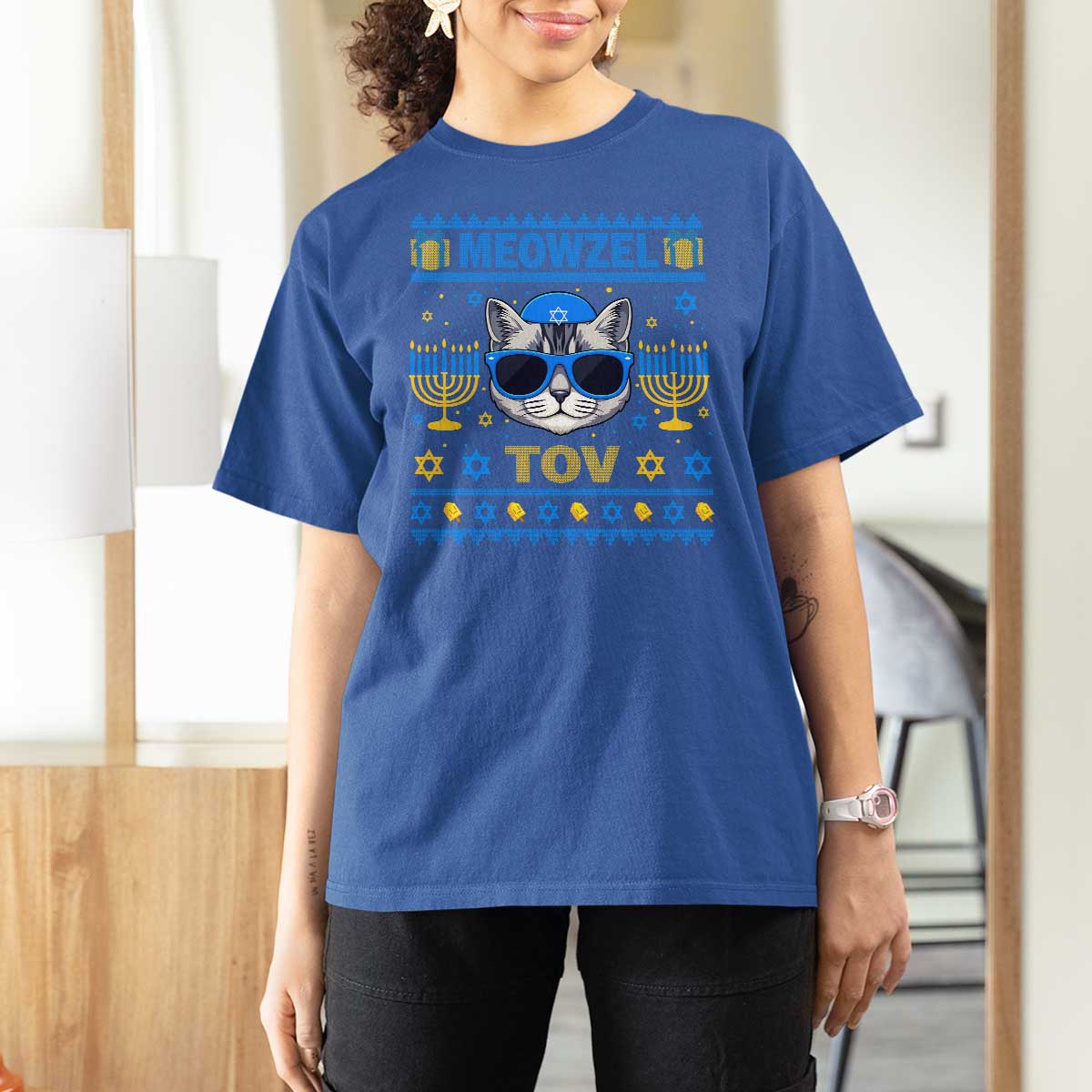 Cat Hanukkah T Shirt For Women Meowzel Tov Jewish Cat Owner Ugly Chanukah - Wonder Print Shop