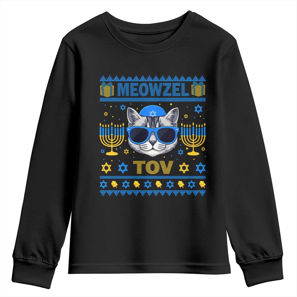 Cat Hanukkah Youth Sweatshirt Meowzel Tov Jewish Cat Owner Ugly Chanukah - Wonder Print Shop
