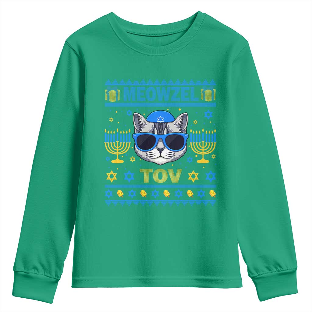 Cat Hanukkah Youth Sweatshirt Meowzel Tov Jewish Cat Owner Ugly Chanukah - Wonder Print Shop