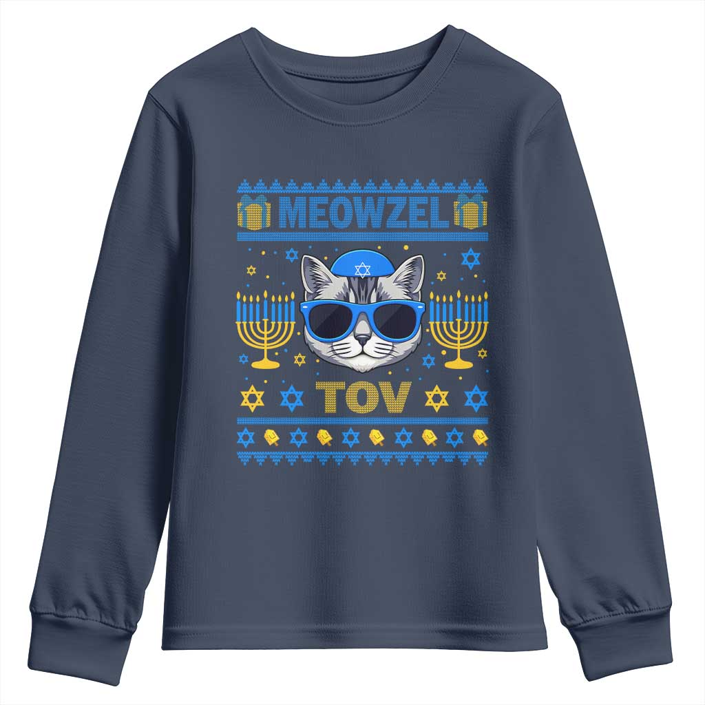 Cat Hanukkah Youth Sweatshirt Meowzel Tov Jewish Cat Owner Ugly Chanukah - Wonder Print Shop
