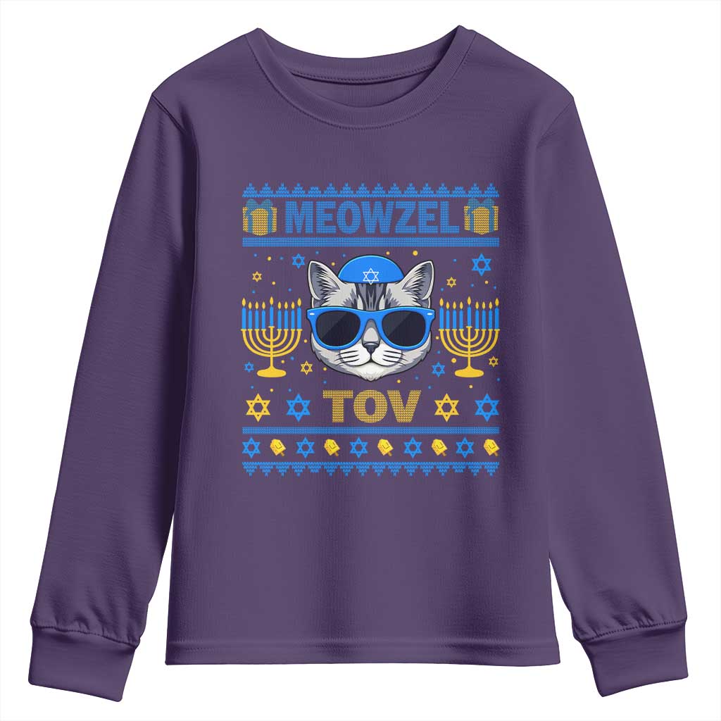 Cat Hanukkah Youth Sweatshirt Meowzel Tov Jewish Cat Owner Ugly Chanukah - Wonder Print Shop