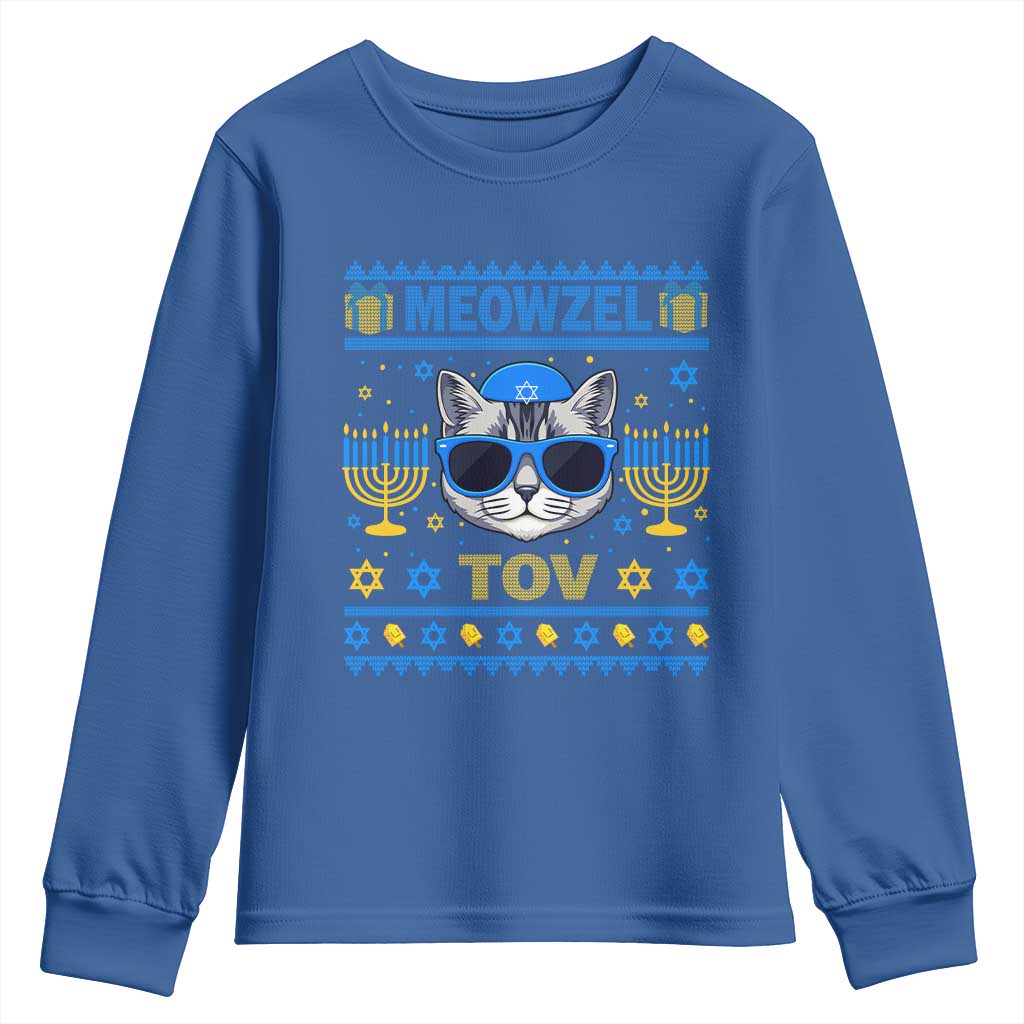 Cat Hanukkah Youth Sweatshirt Meowzel Tov Jewish Cat Owner Ugly Chanukah - Wonder Print Shop
