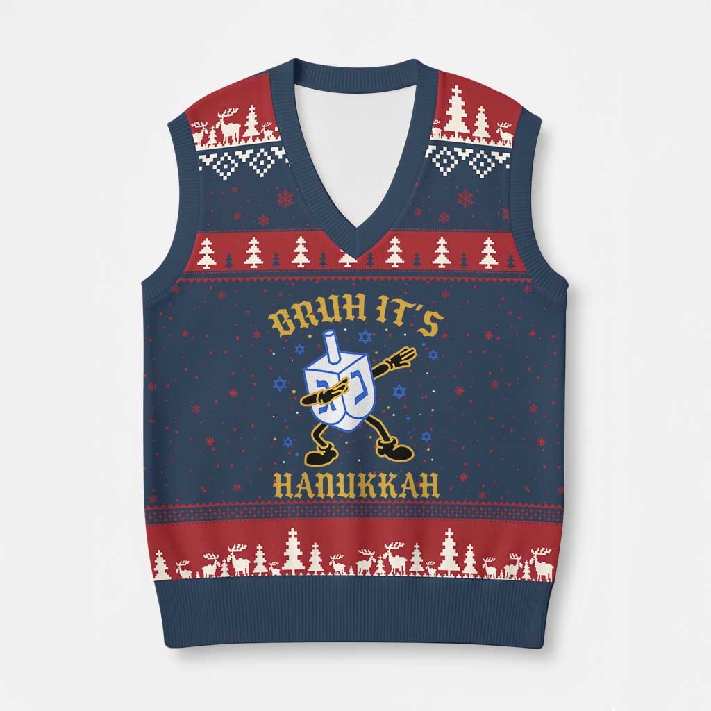 Bruh Hanukkah V-Neck Knit Sweater Vest Funny Dabbing Dreidel Love Jewish Chanukah Jew Gift - Wonder Print Shop