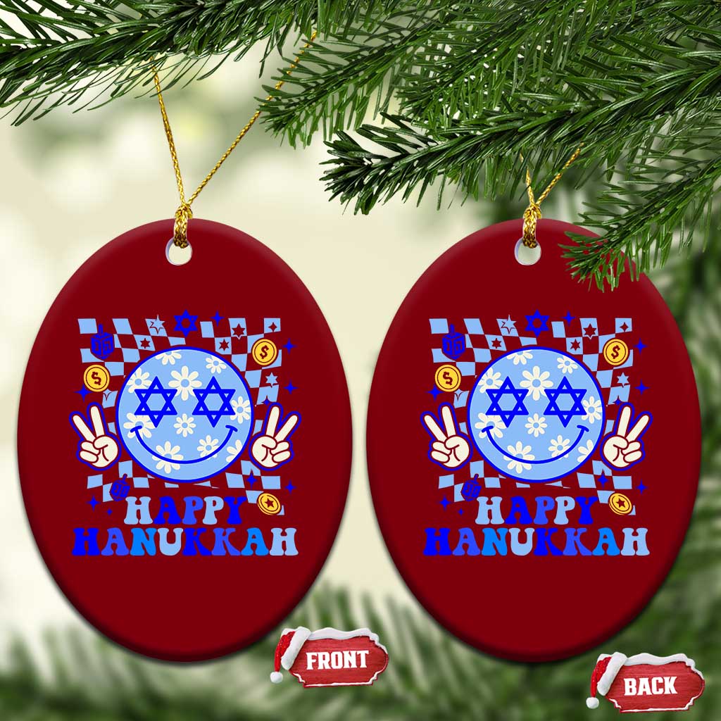 Happy Hanukkah Ceramic Ornament Groovy Star Of David Smile Face Chanukah Pajama - Wonder Print Shop