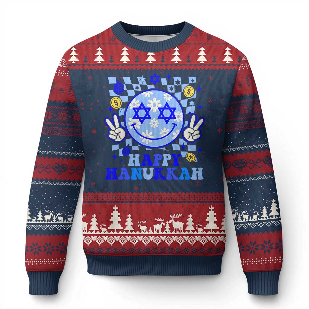 Happy Hanukkah Ugly Christmas Sweater Groovy Star Of David Smile Face Chanukah Pajama - Wonder Print Shop