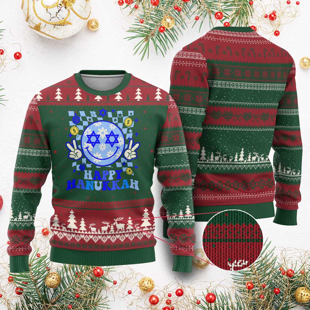 Happy Hanukkah Ugly Christmas Sweater Groovy Star Of David Smile Face Chanukah Pajama - Wonder Print Shop