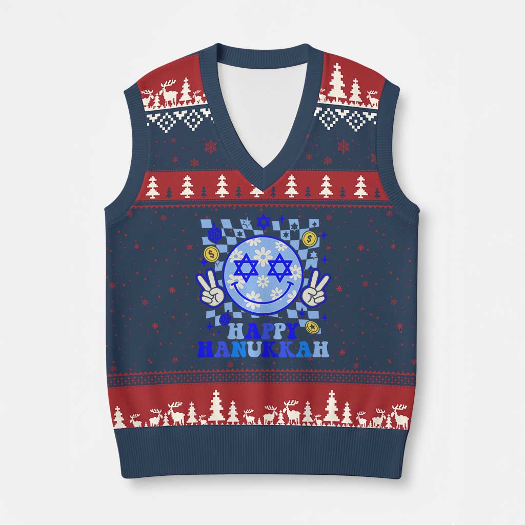 Happy Hanukkah V-Neck Knit Sweater Vest Groovy Star Of David Smile Face Chanukah Pajama - Wonder Print Shop