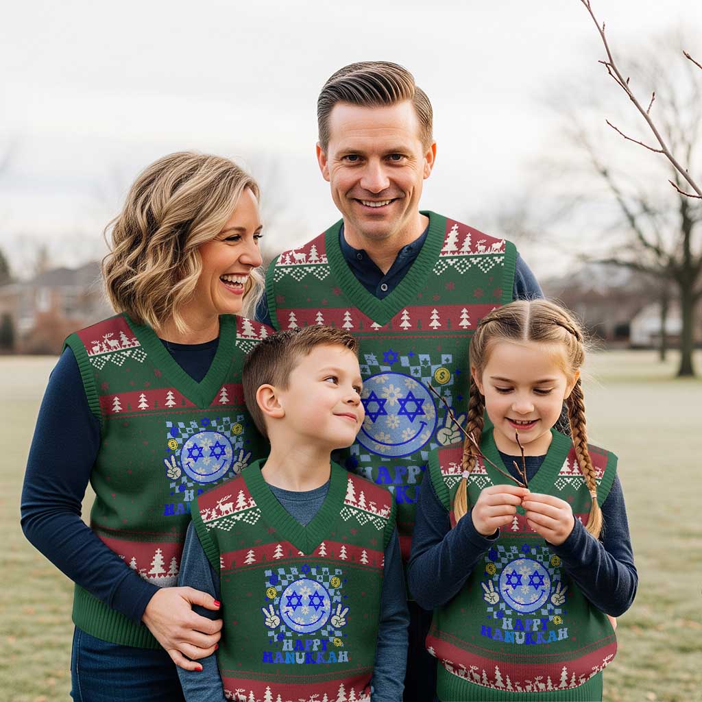 Happy Hanukkah V-Neck Knit Sweater Vest Groovy Star Of David Smile Face Chanukah Pajama - Wonder Print Shop