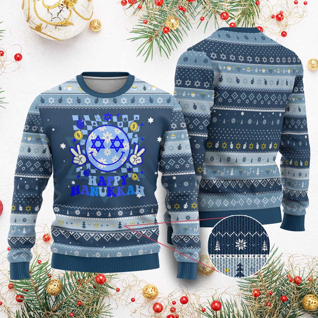 Happy Hanukkah Hanukkah Ugly Sweater Groovy Star Of David Smile Face Chanukah Pajama - Wonder Print Shop