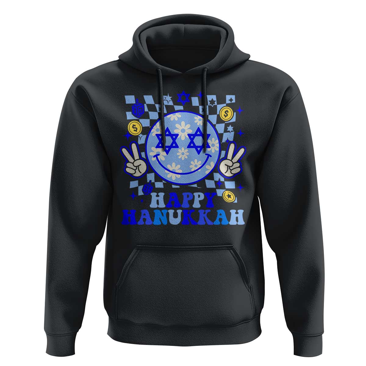 Happy Hanukkah Hoodie Groovy Star Of David Smile Face Chanukah Pajama - Wonder Print Shop
