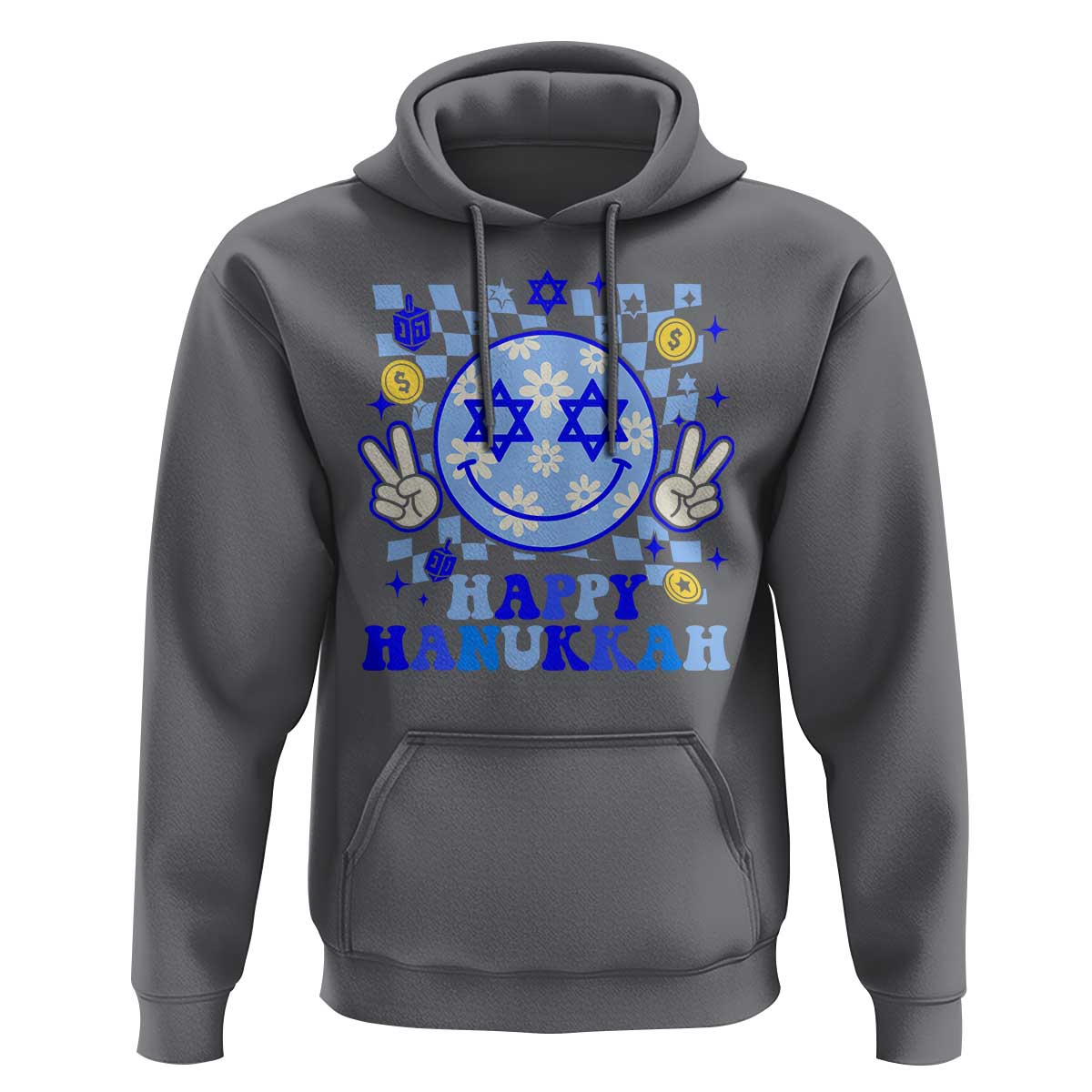 Happy Hanukkah Hoodie Groovy Star Of David Smile Face Chanukah Pajama - Wonder Print Shop