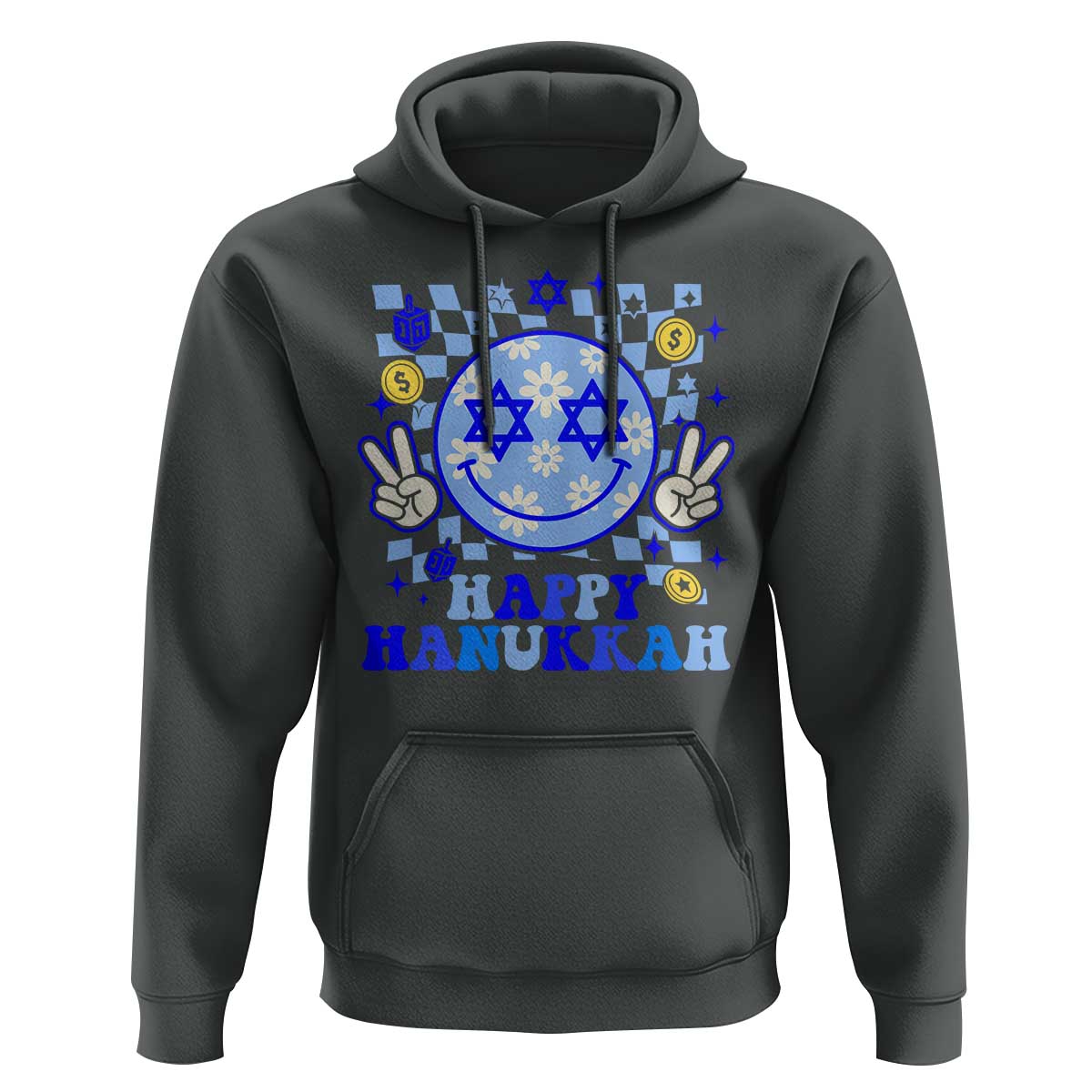 Happy Hanukkah Hoodie Groovy Star Of David Smile Face Chanukah Pajama - Wonder Print Shop