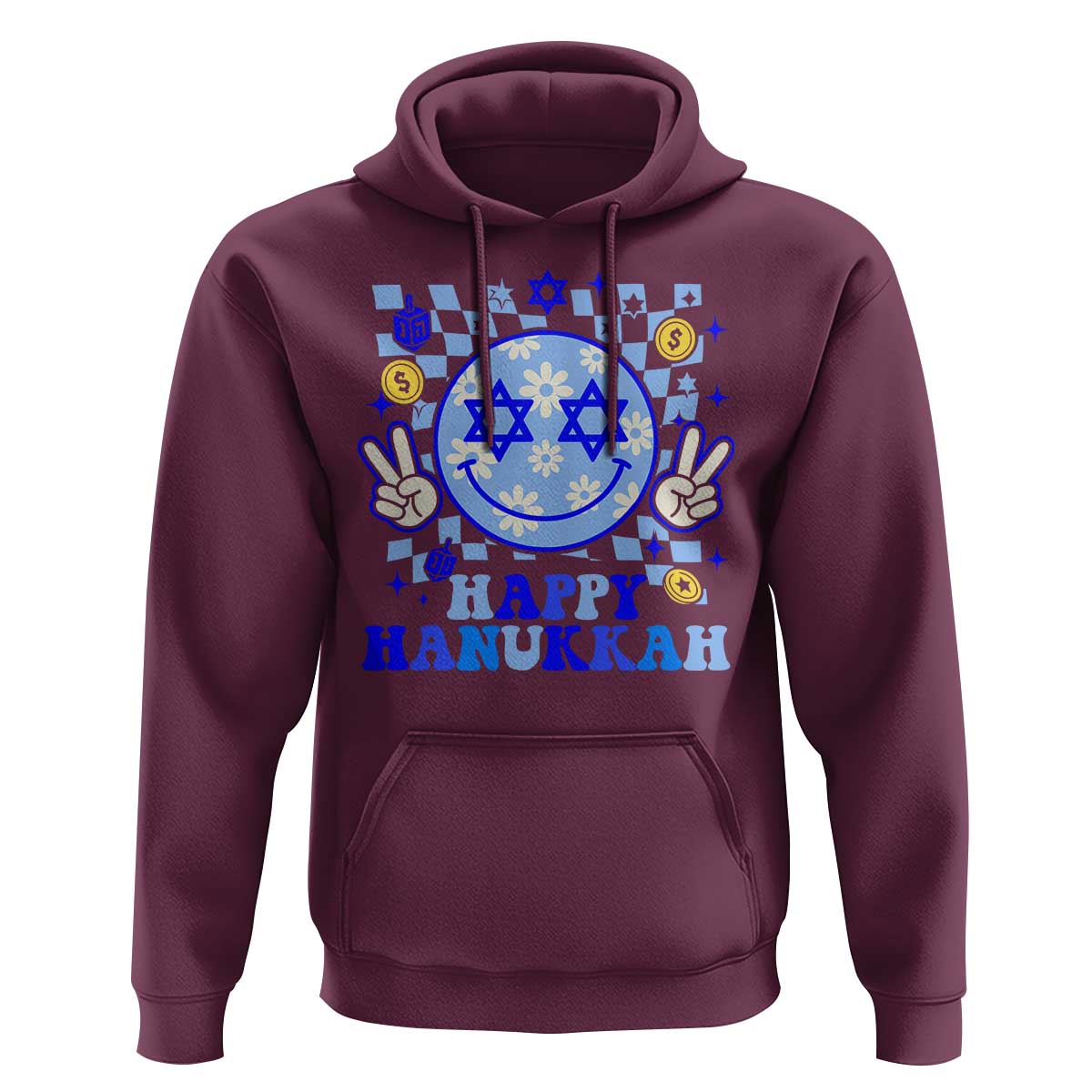 Happy Hanukkah Hoodie Groovy Star Of David Smile Face Chanukah Pajama - Wonder Print Shop