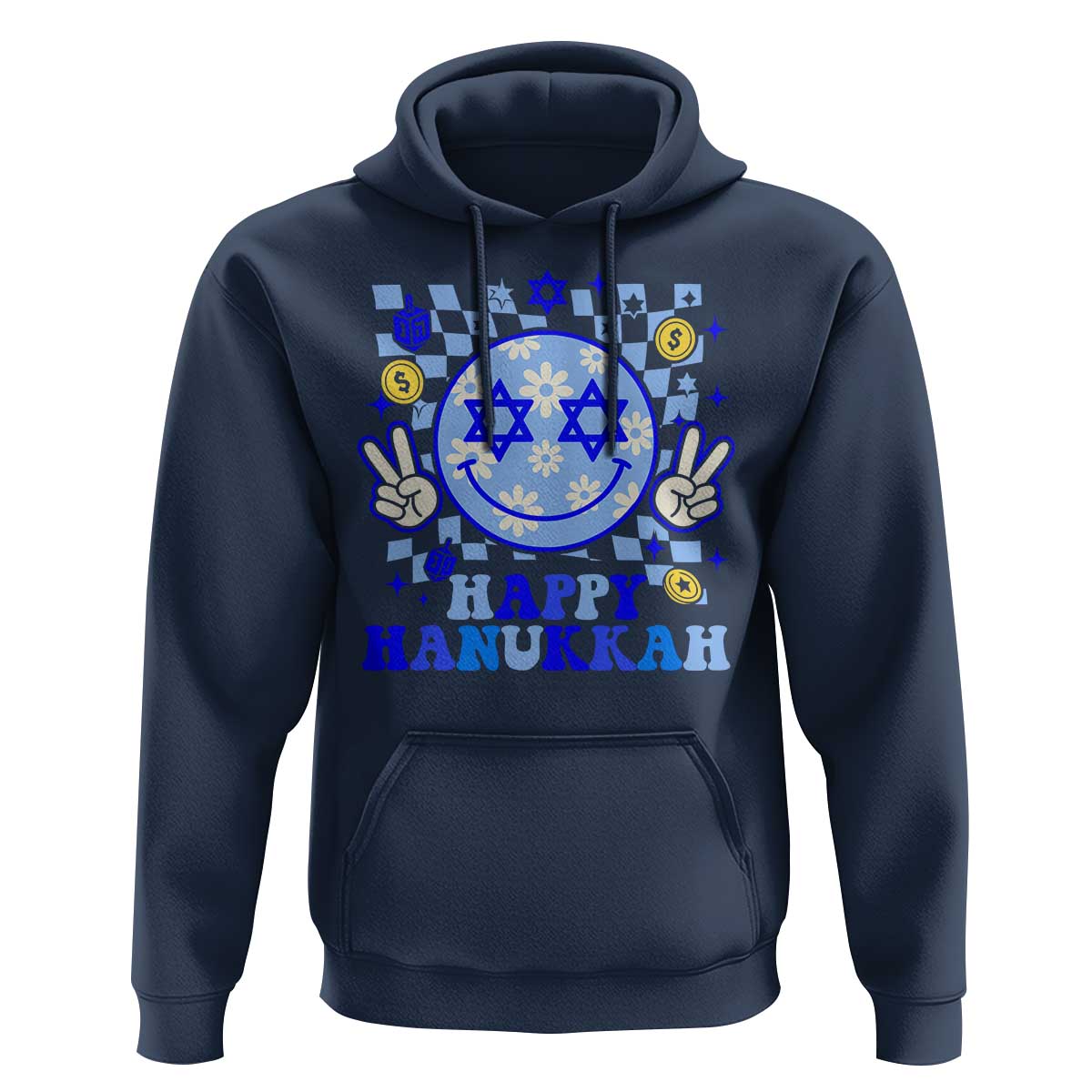 Happy Hanukkah Hoodie Groovy Star Of David Smile Face Chanukah Pajama - Wonder Print Shop