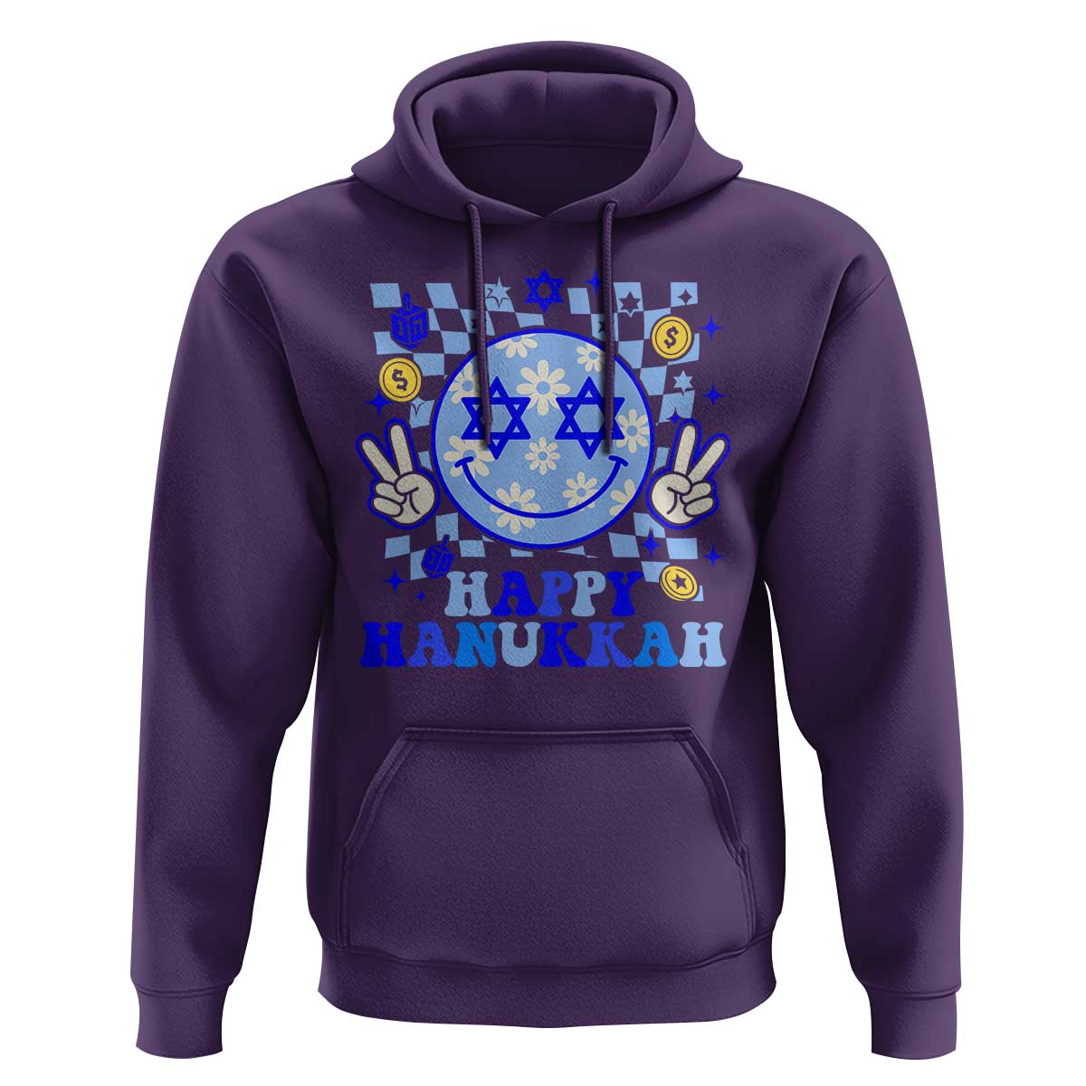 Happy Hanukkah Hoodie Groovy Star Of David Smile Face Chanukah Pajama - Wonder Print Shop