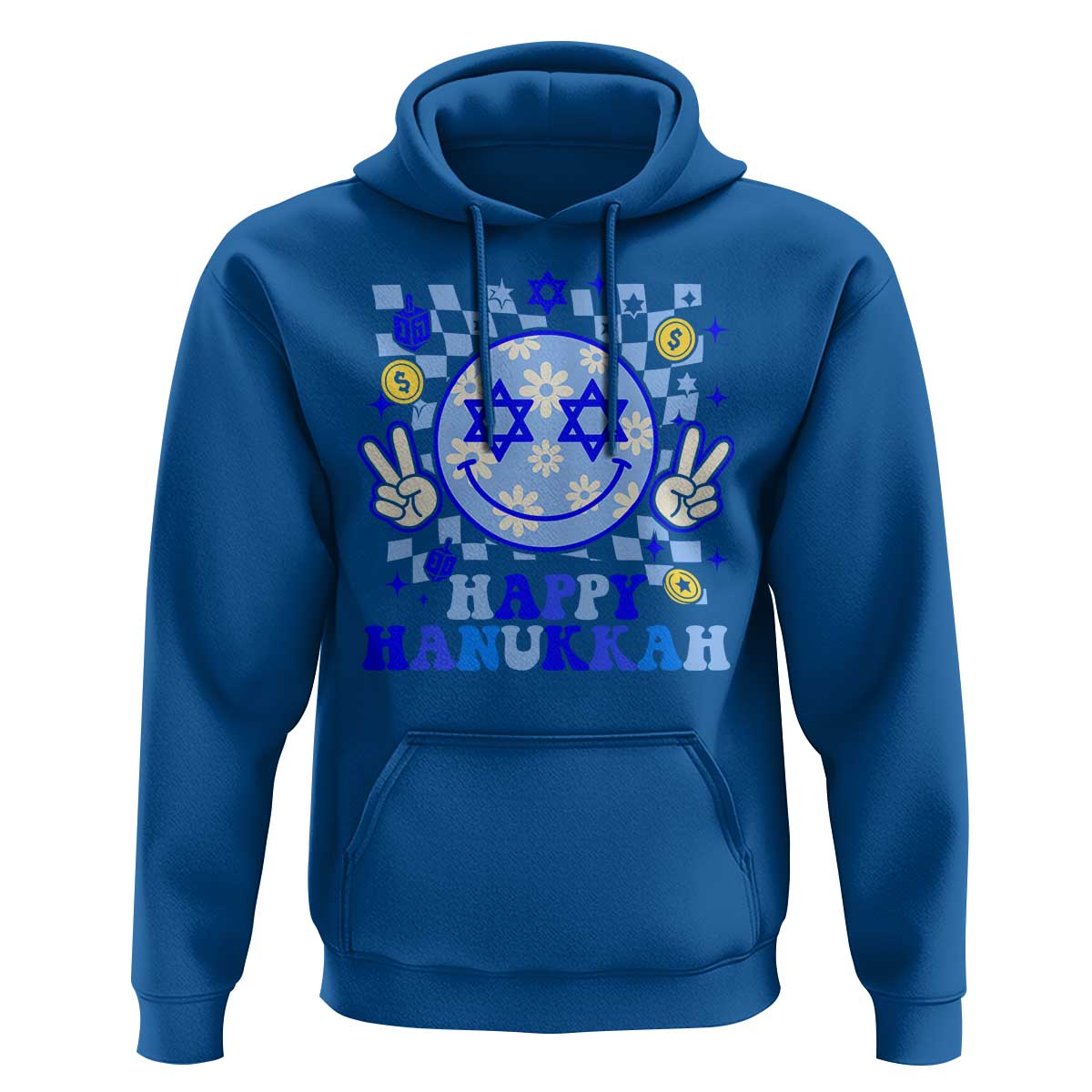 Happy Hanukkah Hoodie Groovy Star Of David Smile Face Chanukah Pajama - Wonder Print Shop