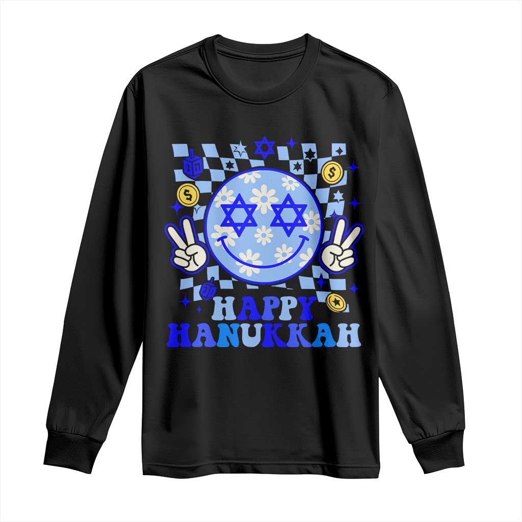 Happy Hanukkah Long Sleeve Shirt Groovy Star Of David Smile Face Chanukah Pajama - Wonder Print Shop