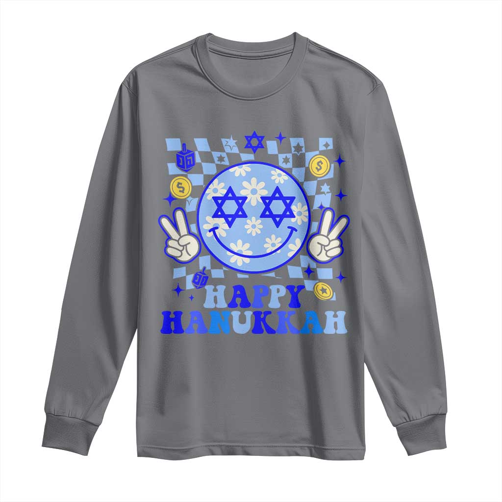 Happy Hanukkah Long Sleeve Shirt Groovy Star Of David Smile Face Chanukah Pajama - Wonder Print Shop