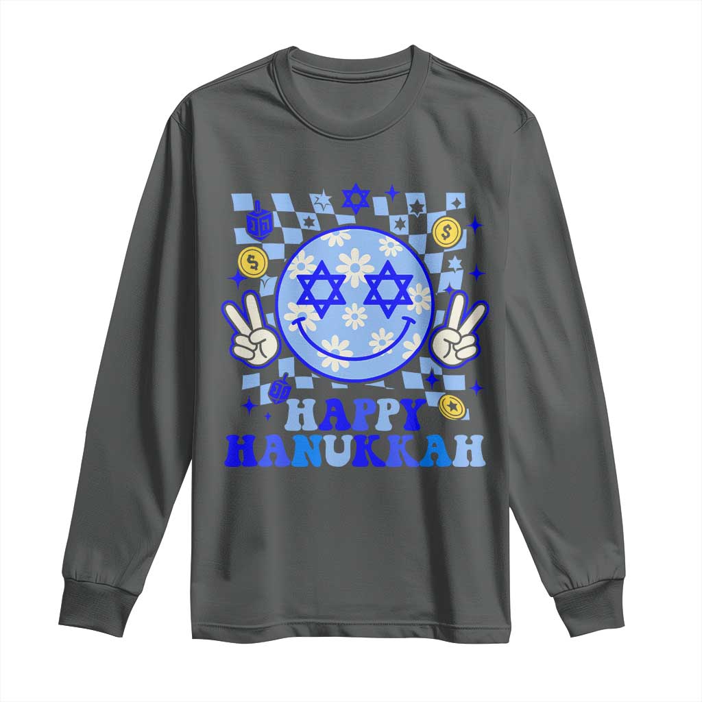 Happy Hanukkah Long Sleeve Shirt Groovy Star Of David Smile Face Chanukah Pajama - Wonder Print Shop