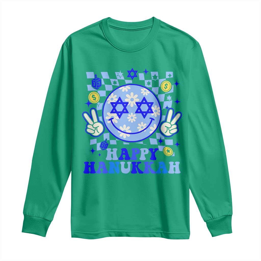 Happy Hanukkah Long Sleeve Shirt Groovy Star Of David Smile Face Chanukah Pajama - Wonder Print Shop