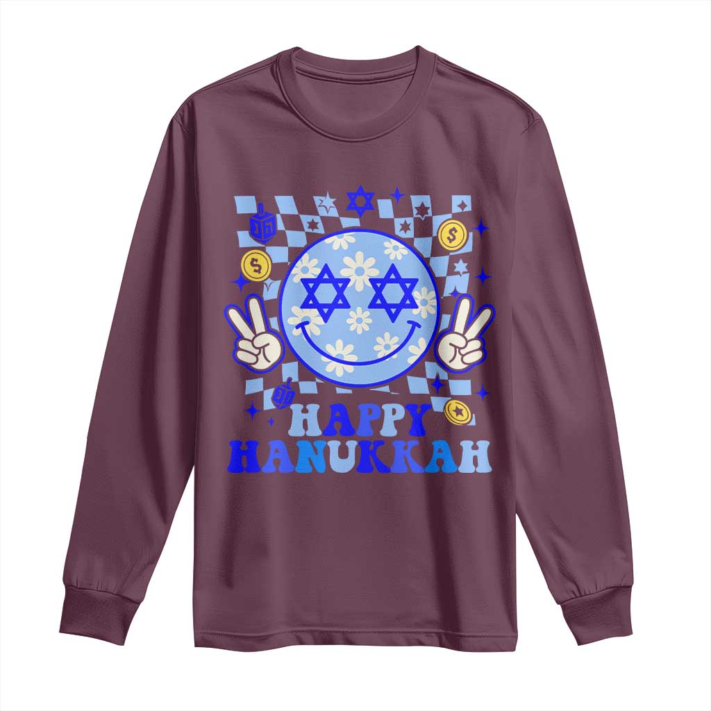 Happy Hanukkah Long Sleeve Shirt Groovy Star Of David Smile Face Chanukah Pajama - Wonder Print Shop