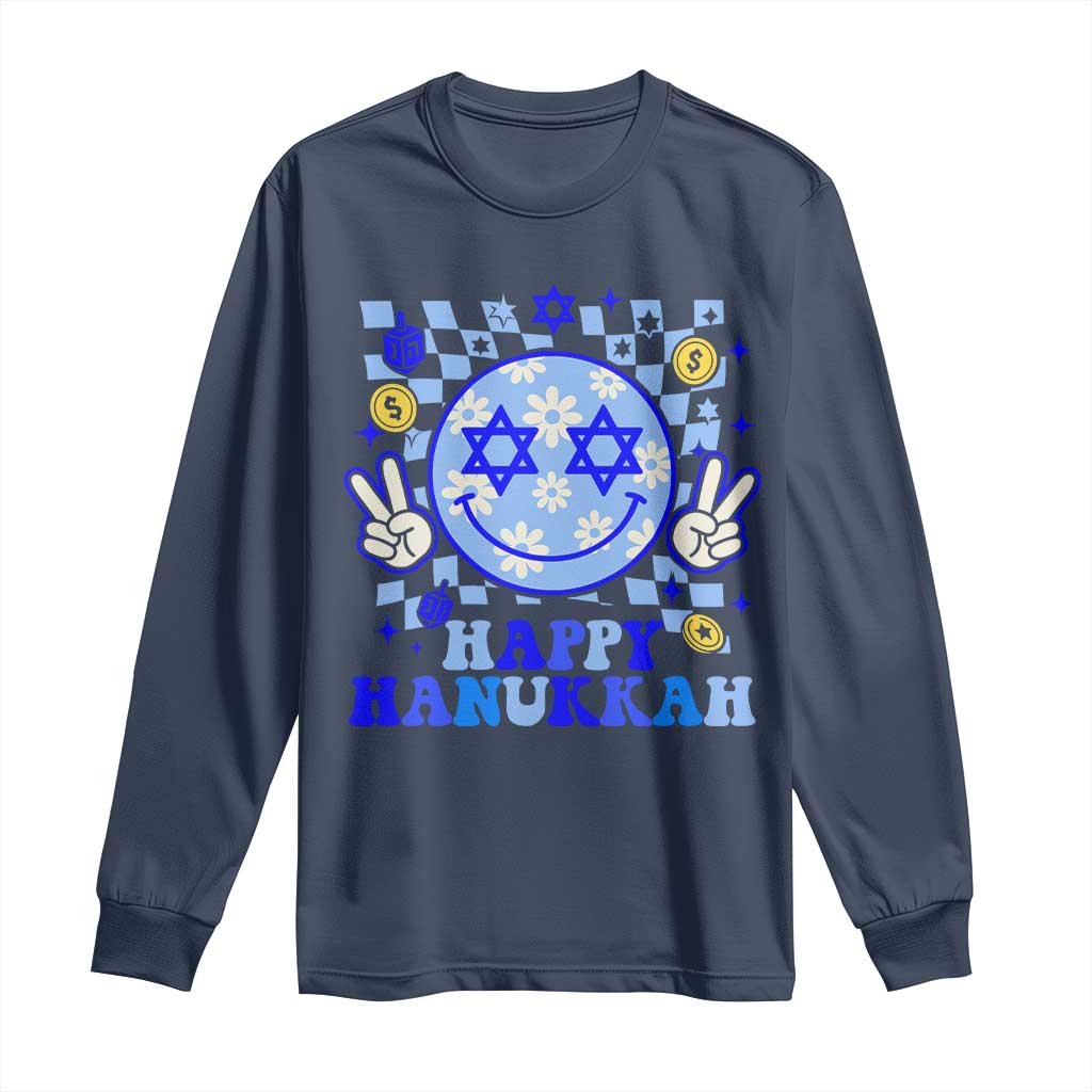 Happy Hanukkah Long Sleeve Shirt Groovy Star Of David Smile Face Chanukah Pajama - Wonder Print Shop