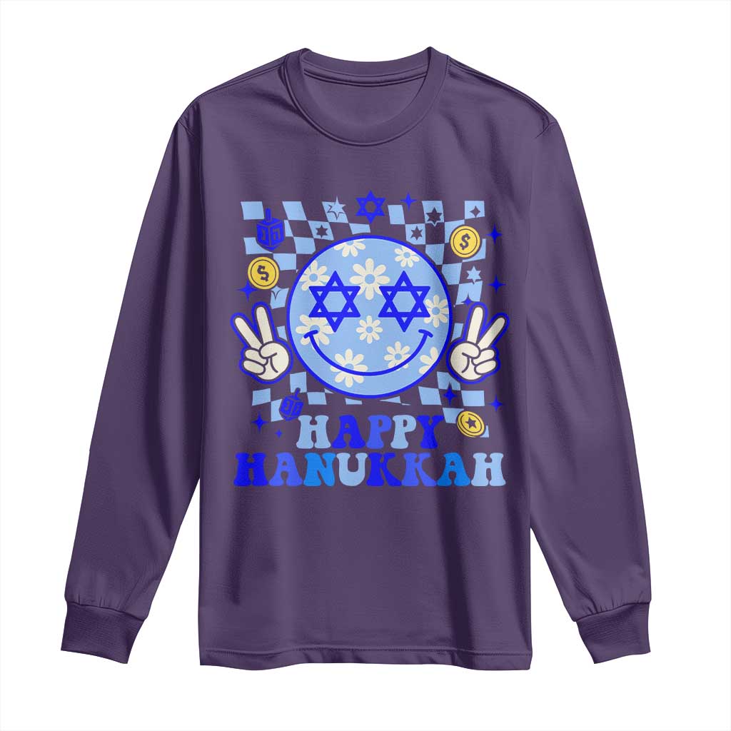 Happy Hanukkah Long Sleeve Shirt Groovy Star Of David Smile Face Chanukah Pajama - Wonder Print Shop