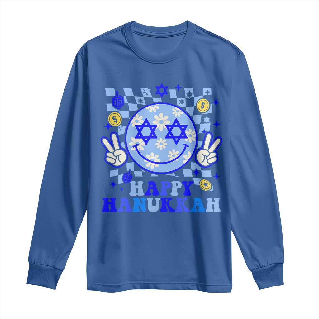 Happy Hanukkah Long Sleeve Shirt Groovy Star Of David Smile Face Chanukah Pajama - Wonder Print Shop
