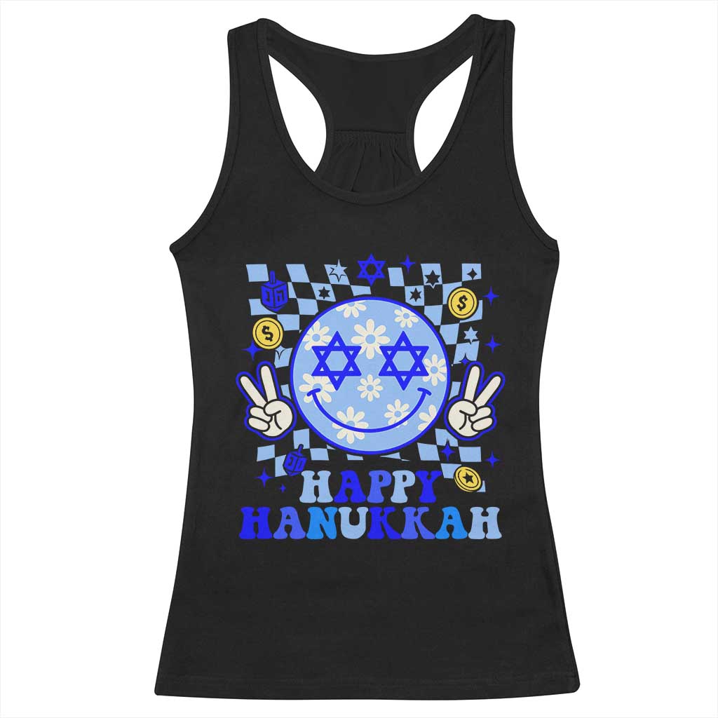 Happy Hanukkah Racerback Tank Top Groovy Star Of David Smile Face Chanukah Pajama - Wonder Print Shop