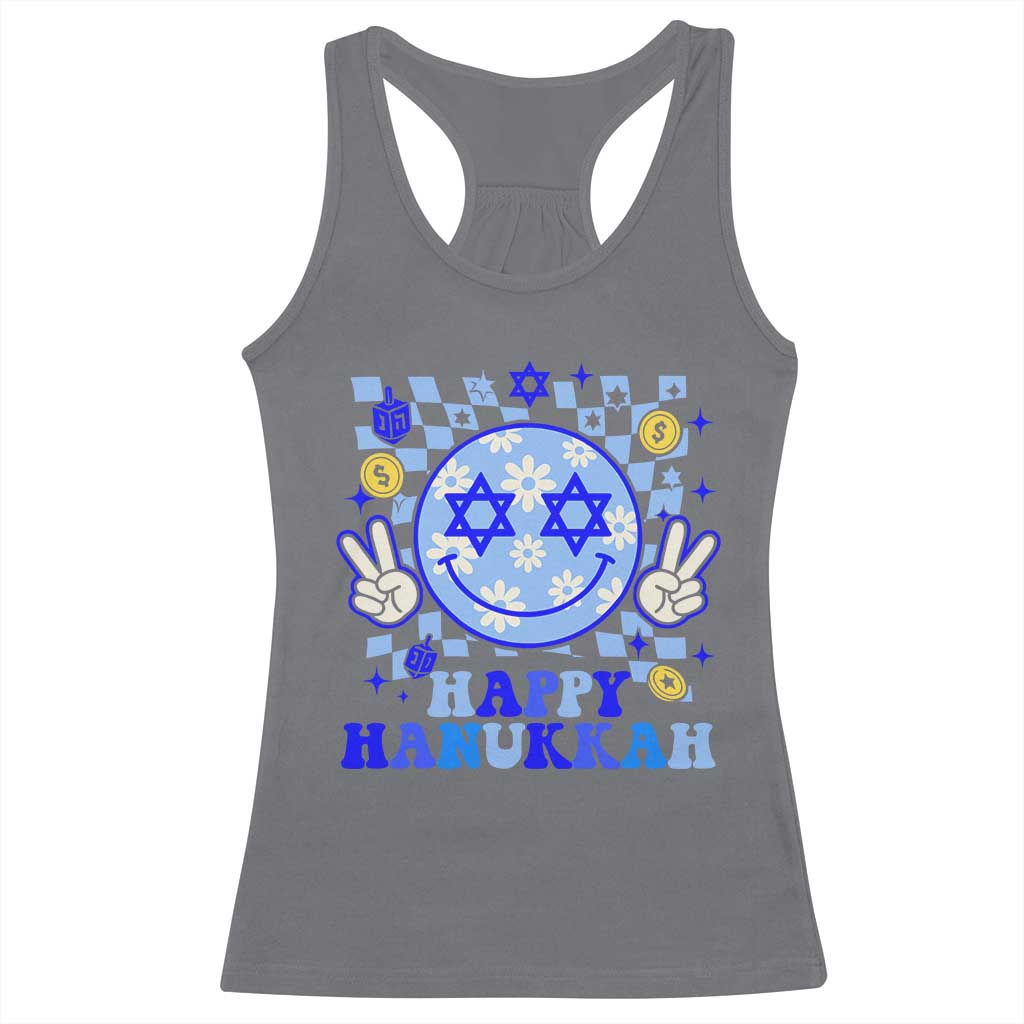 Happy Hanukkah Racerback Tank Top Groovy Star Of David Smile Face Chanukah Pajama - Wonder Print Shop