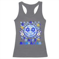 Happy Hanukkah Racerback Tank Top Groovy Star Of David Smile Face Chanukah Pajama - Wonder Print Shop