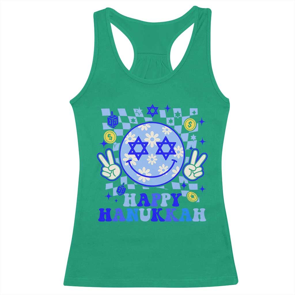 Happy Hanukkah Racerback Tank Top Groovy Star Of David Smile Face Chanukah Pajama - Wonder Print Shop