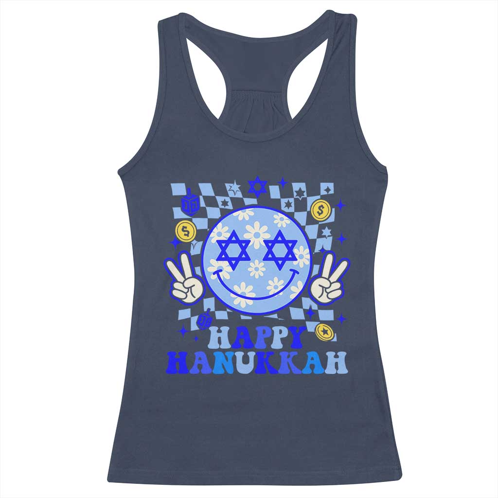 Happy Hanukkah Racerback Tank Top Groovy Star Of David Smile Face Chanukah Pajama - Wonder Print Shop