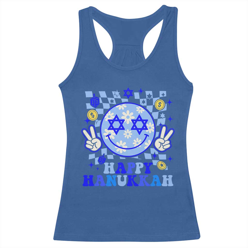 Happy Hanukkah Racerback Tank Top Groovy Star Of David Smile Face Chanukah Pajama - Wonder Print Shop