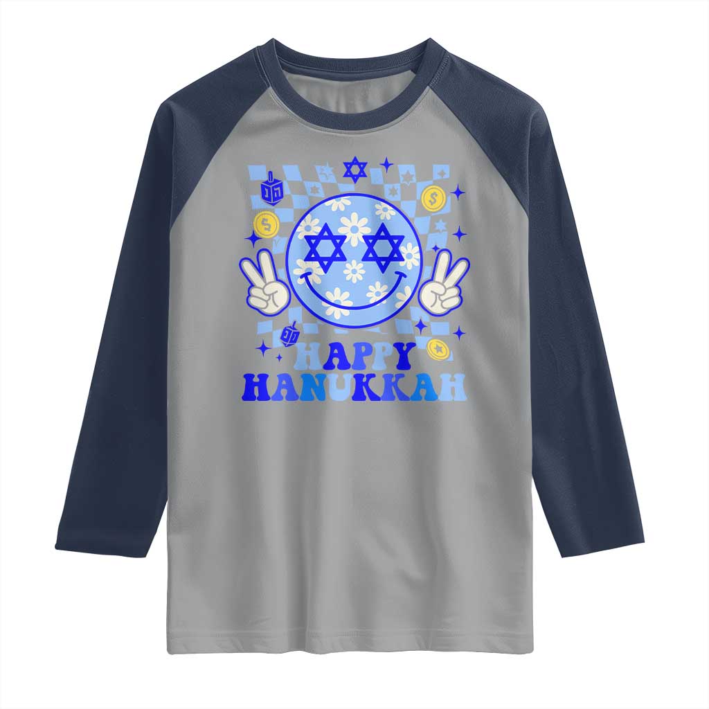 Happy Hanukkah Raglan Shirt Groovy Star Of David Smile Face Chanukah Pajama - Wonder Print Shop
