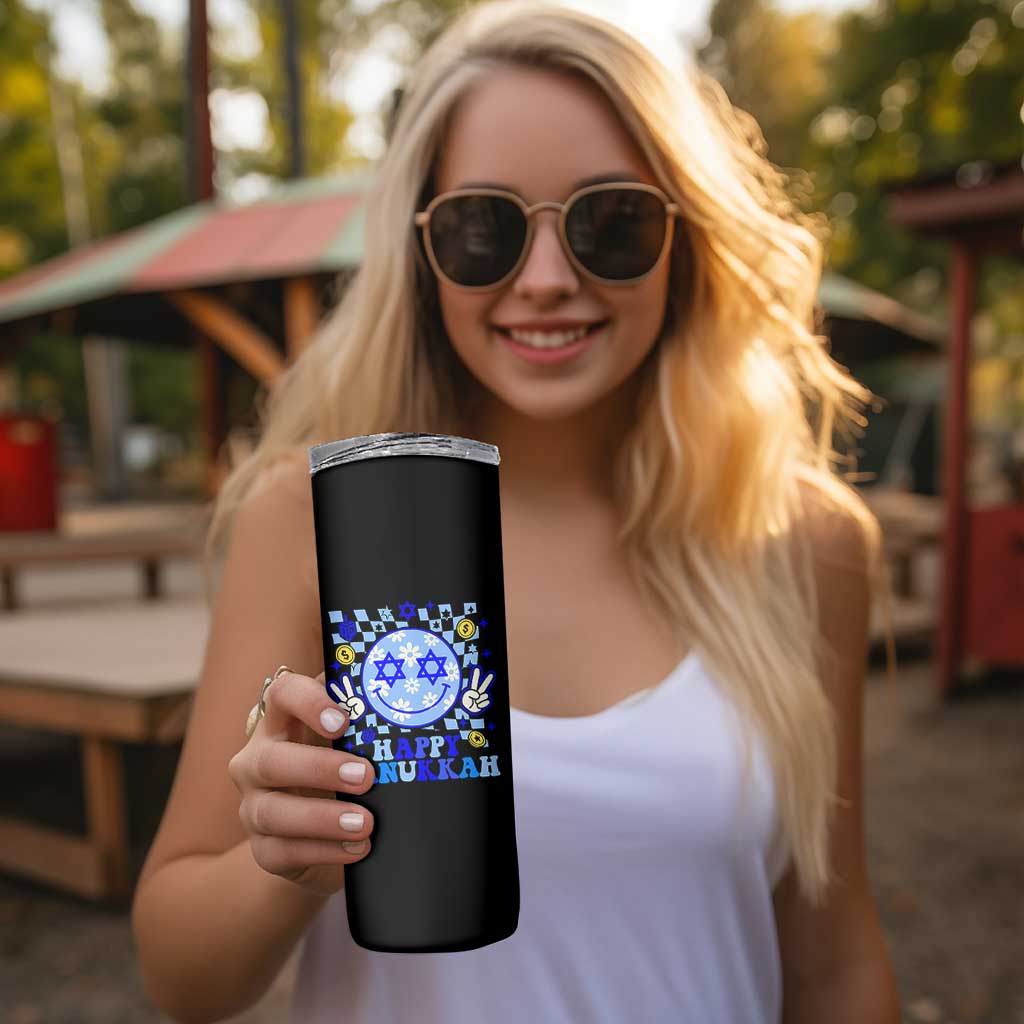 Happy Hanukkah Skinny Tumbler Groovy Star Of David Smile Face Chanukah Pajama - Wonder Print Shop