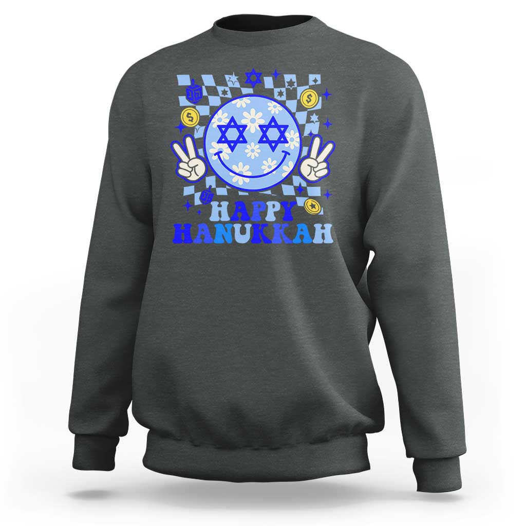 Happy Hanukkah Sweatshirt Groovy Star Of David Smile Face Chanukah Pajama - Wonder Print Shop