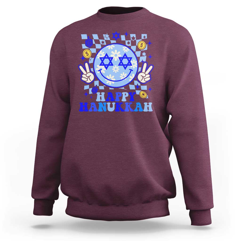 Happy Hanukkah Sweatshirt Groovy Star Of David Smile Face Chanukah Pajama - Wonder Print Shop