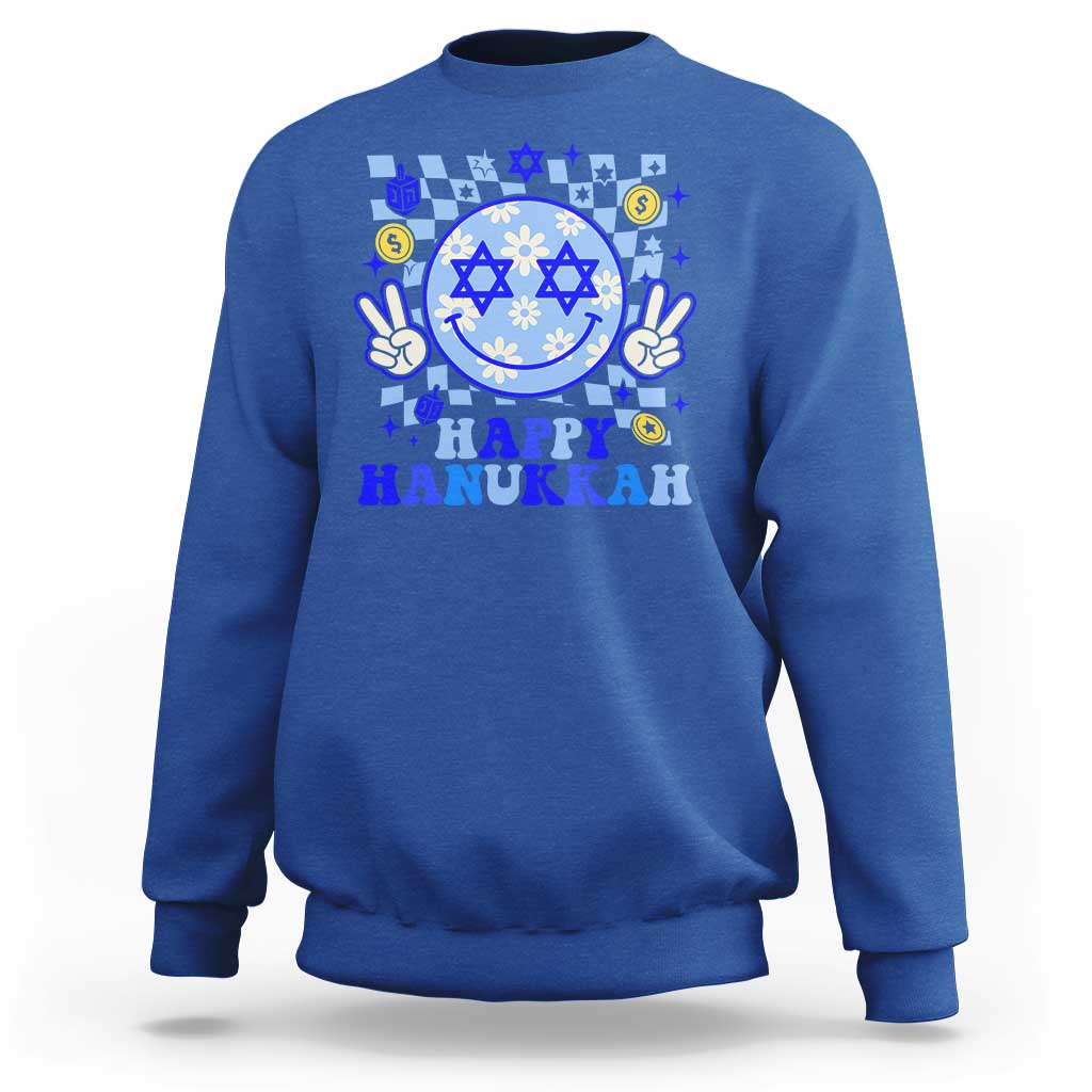 Happy Hanukkah Sweatshirt Groovy Star Of David Smile Face Chanukah Pajama - Wonder Print Shop
