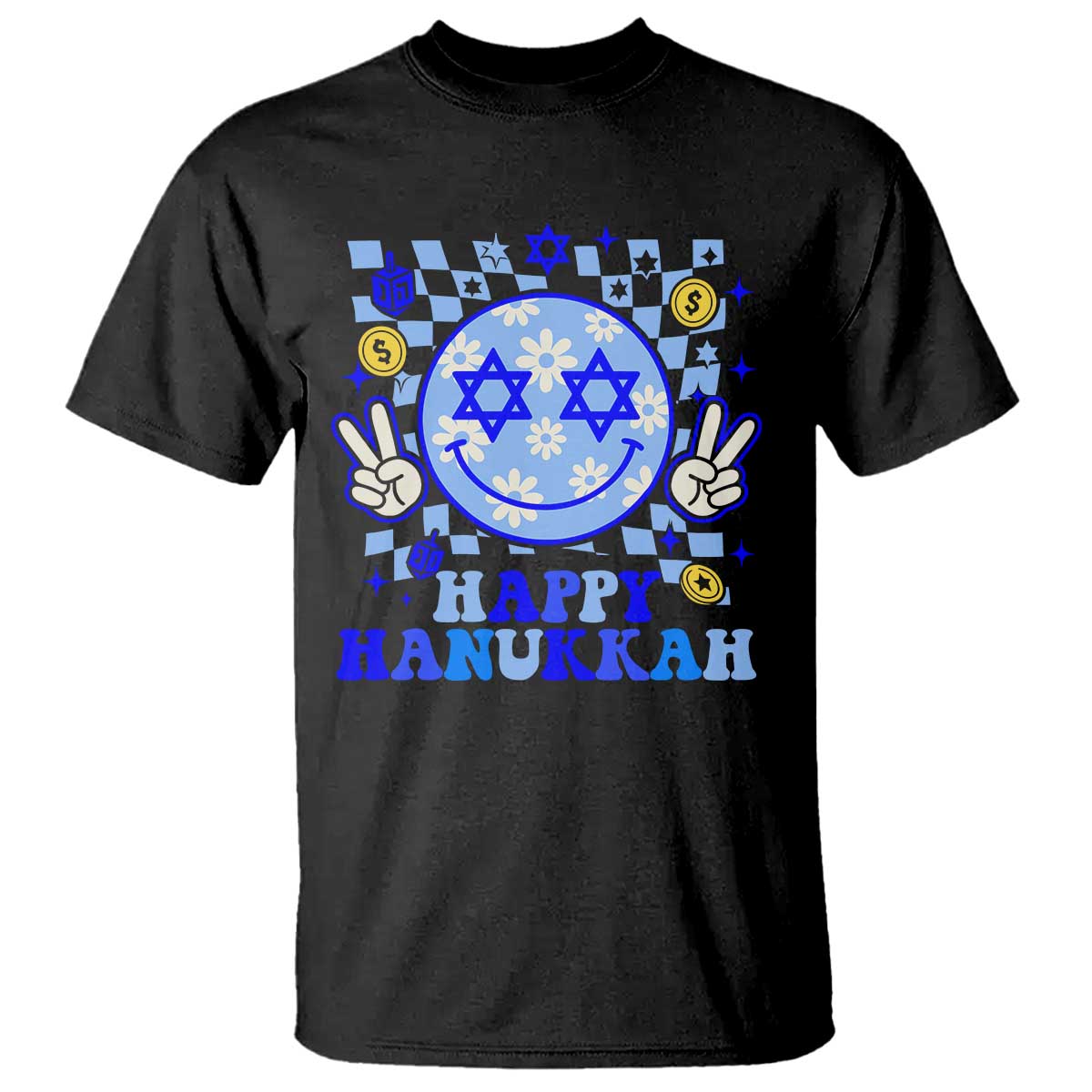 Happy Hanukkah T Shirt Groovy Star Of David Smile Face Chanukah Pajama - Wonder Print Shop