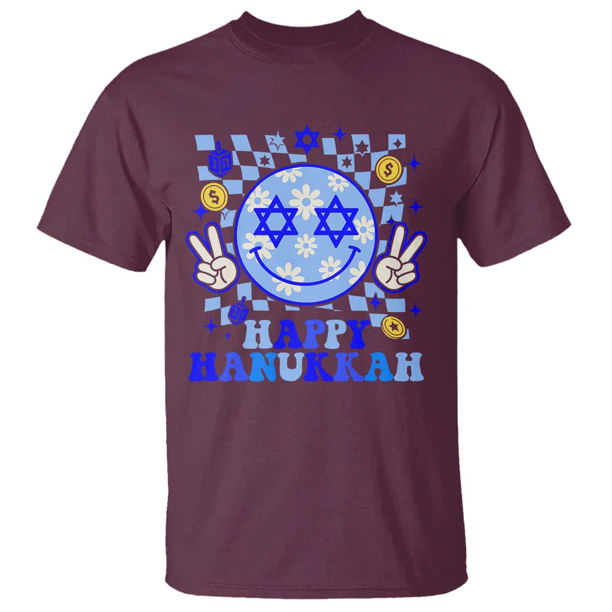 Happy Hanukkah T Shirt Groovy Star Of David Smile Face Chanukah Pajama - Wonder Print Shop