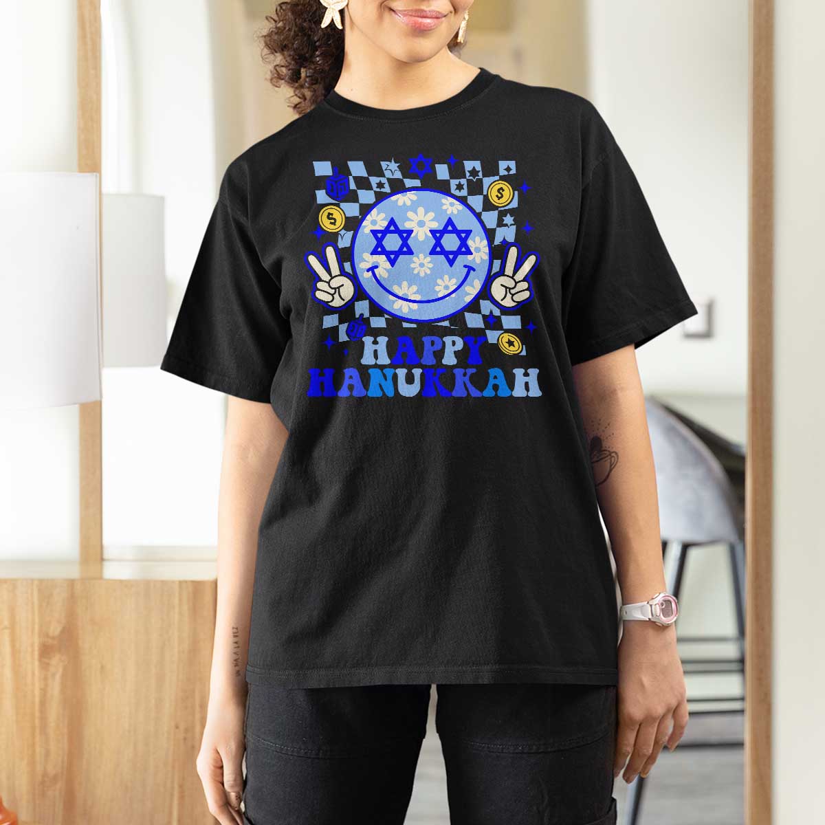 Happy Hanukkah T Shirt For Women Groovy Star Of David Smile Face Chanukah Pajama - Wonder Print Shop
