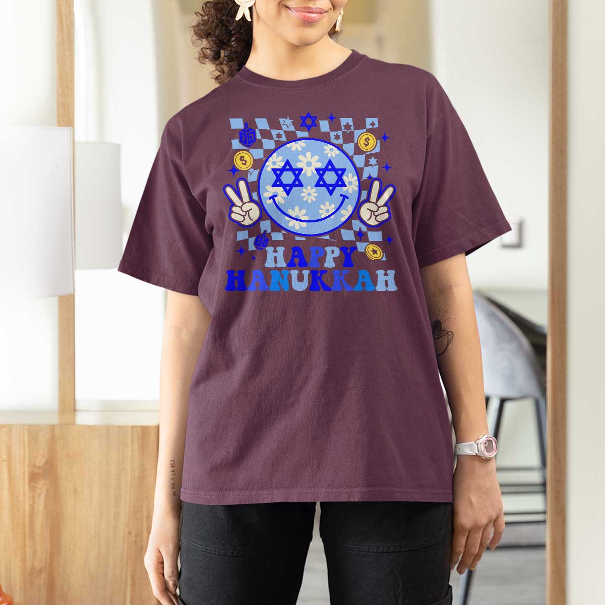 Happy Hanukkah T Shirt For Women Groovy Star Of David Smile Face Chanukah Pajama - Wonder Print Shop